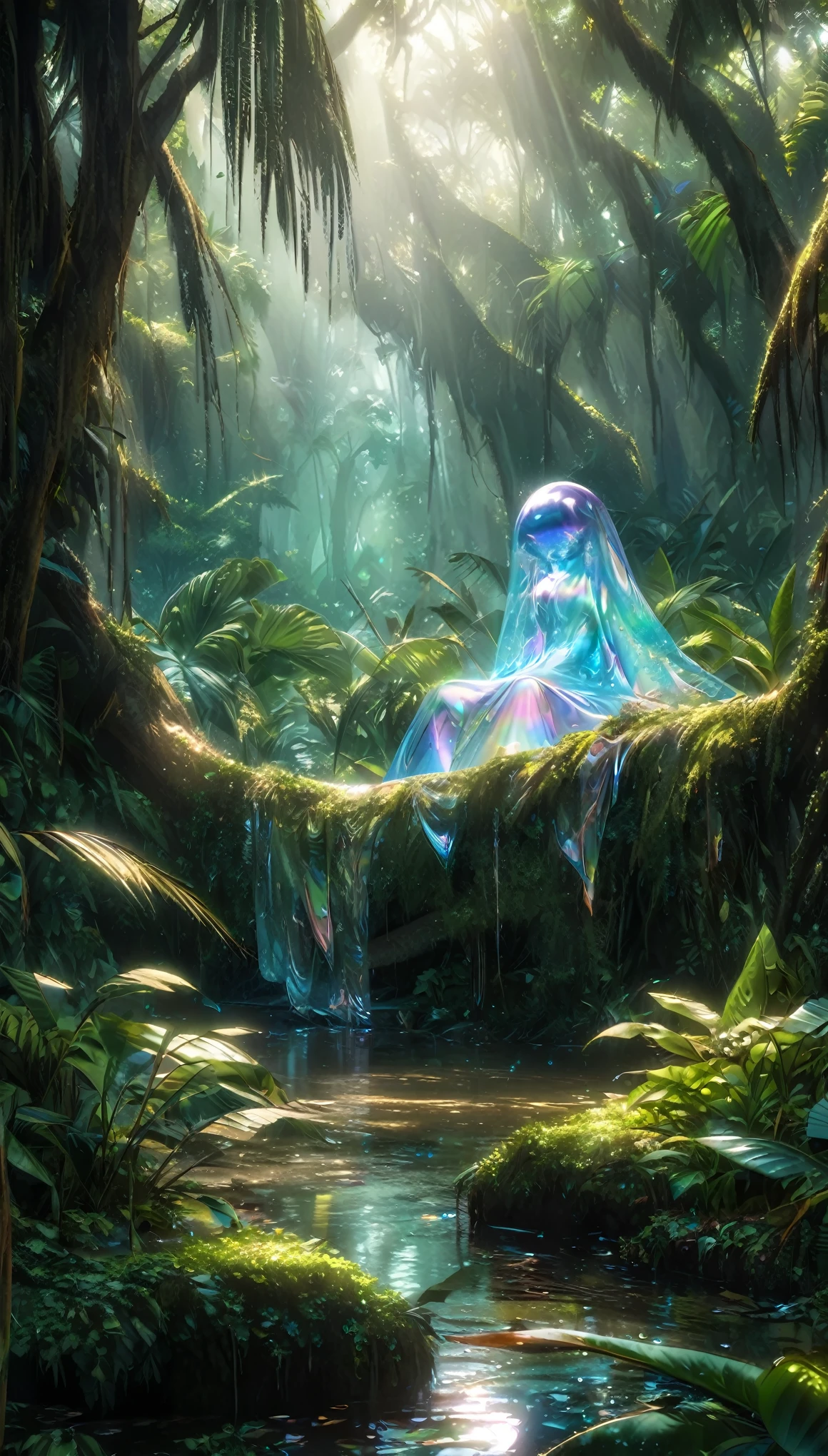 jungle exploration, lush foliage, swamps, water droplets, sunlight filtering through the trees, transparent translucent iridescent aliens (hiding in trees), transparent translucent iridescent aliens (disguised as trees), wary of us, fantasy art