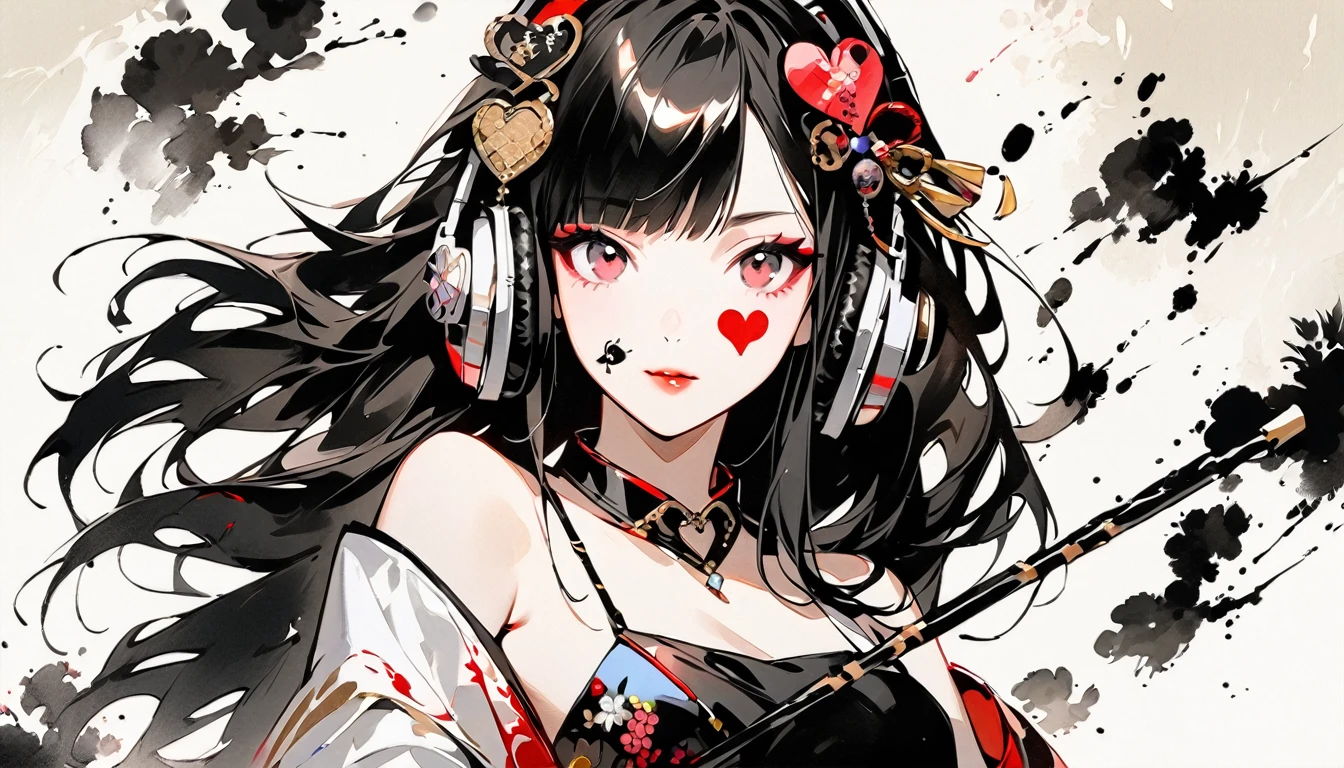 (((Ink Painting))), Fashion portrait color photos, (((1 girl))), (((Heart tattoo on face))), (((Gorgeous hair accessories))), Japanese style headphones, Hit the drum hard with a stick, Japanese beautiful girl, Black Hair