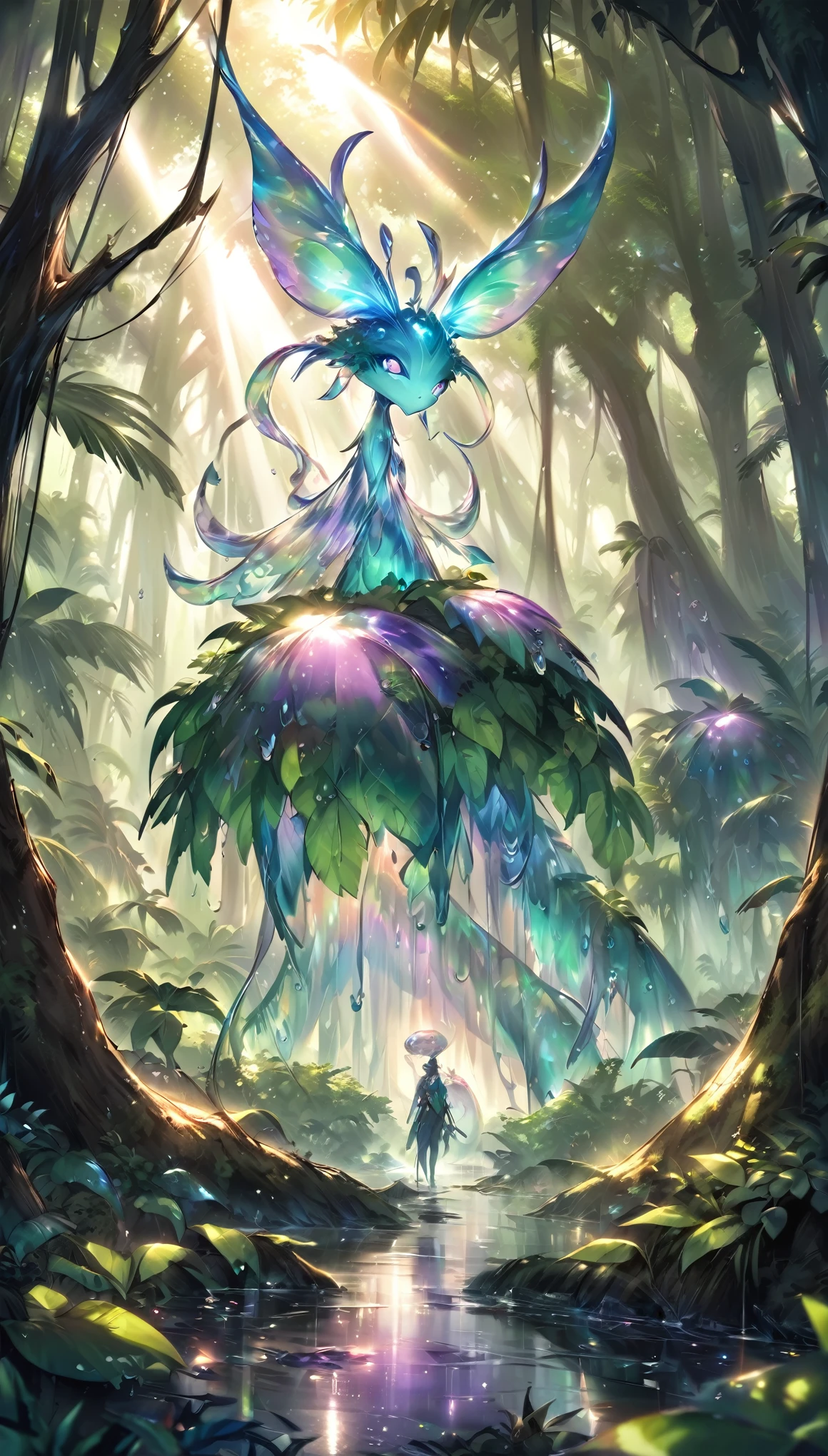 jungle exploration, lush foliage, swamps, water droplets, sunlight filtering through the trees, transparent translucent iridescent beast-shaped aliens (hiding in trees), transparent translucent iridescent beast-shaped aliens (disguised as trees), wary of us, fantasy art