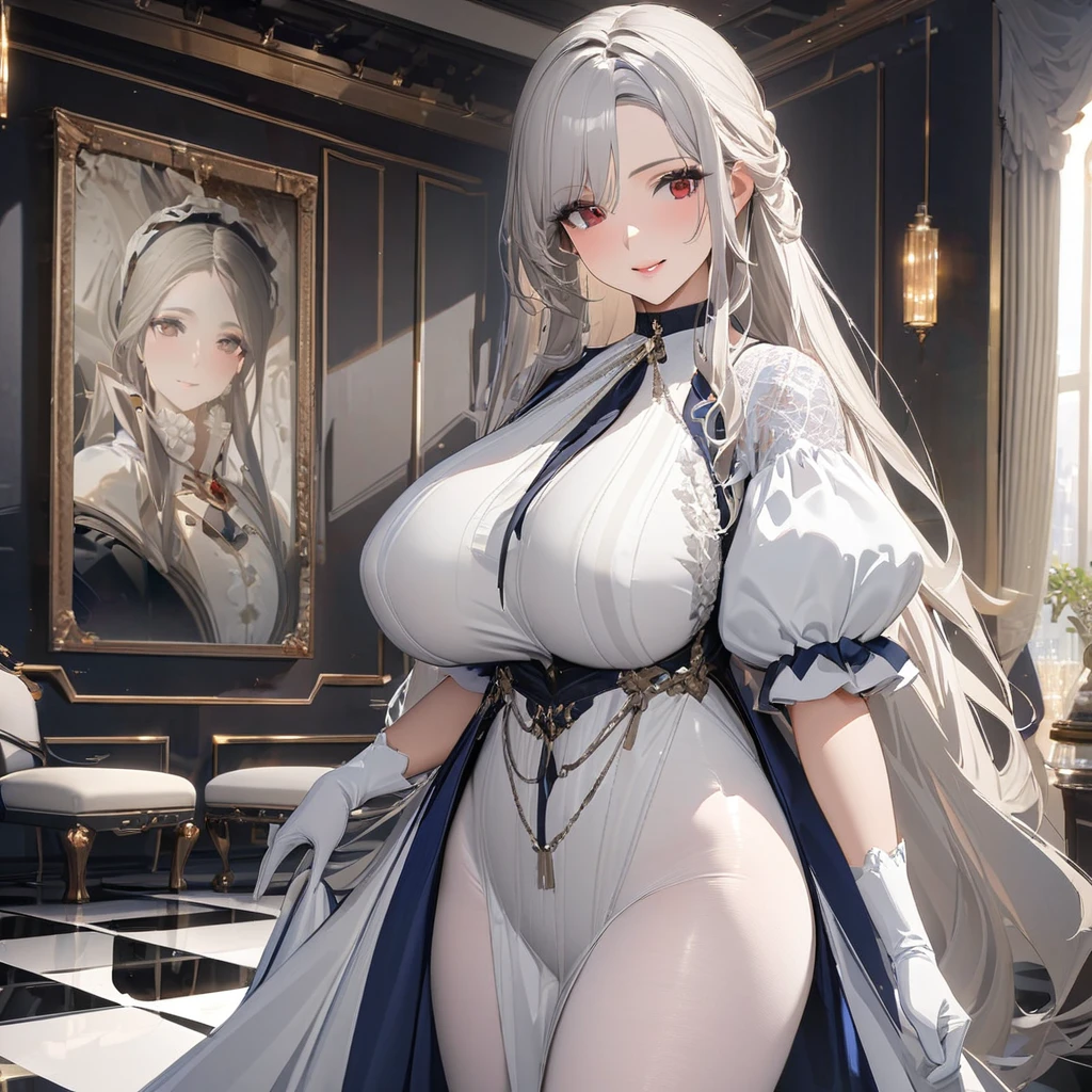 A woman wearing a sophisticated white dress from the 1700s, big breasts, wearing white pantyhose, smiling, red eyes, silver hair, long hair, white gloves, perfect eyes, perfect face, perfect lips, walking in a room with a checkered floor, wall luxury marble, sophisticated lamps, sophisticated paintings,..(solo woman) ,UHD , prime work , accurate , anatomically correct , textured skin , super details , high quality , best quality, 8k, high resolution, bokeh effect, close view,
