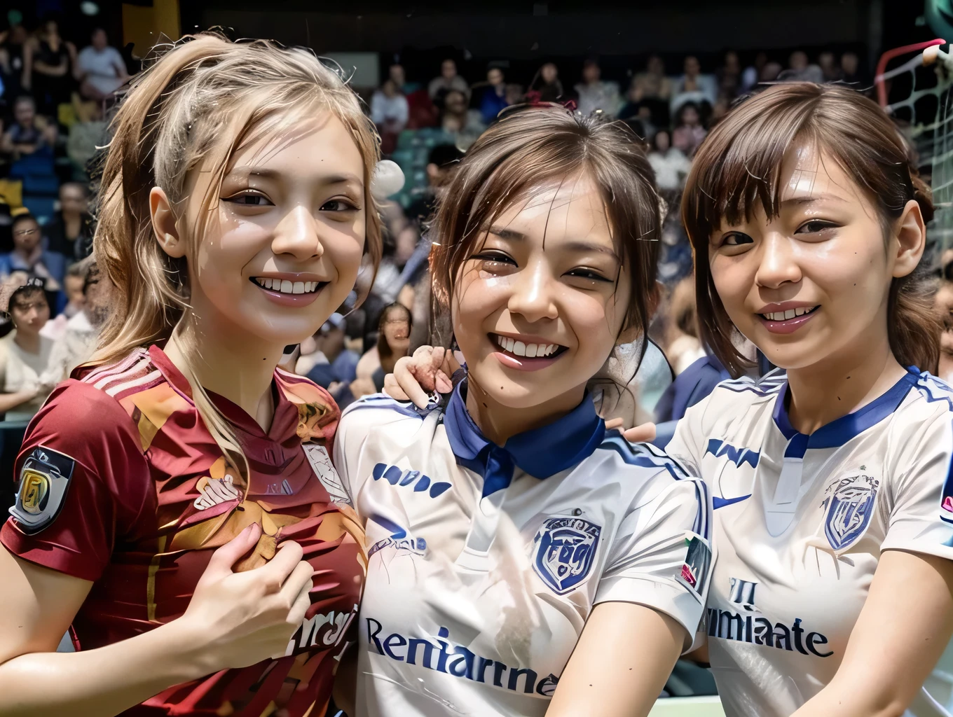 (((2 girls:1.5))、Two women standing close together in a stadium、Two Boyish Women、Football Supporters、s、Group photo of a group of soccer fans、Wearing a uniform)、(Realistic、Like a photograph、Live Action、8k, Realistic, RAW Photos, Best image quality: 1.4), Single-lens reflex camera、RAW Photos, Highest quality, Realistic, Highly detailed CG Unity 8k wallpaper, Written boundary depth, Cinematic Light, Lens flare, Ray Tracing, Realistic background、((The upper body is a soccer uniform:1.2、The lower half is a flared mini skirt:1.4)、Big Breasts)、((Silver Inner Color Hair:1.1))、Cute Japanese Gals、((whole body:1.5))、(short hair:1.2)、I like that style、stylish、Very detailed、Pay attention to the details、Perfect outfit、(White skin)、Beautiful feet:1.1、View from below、Accurate Arm、Super detailed face