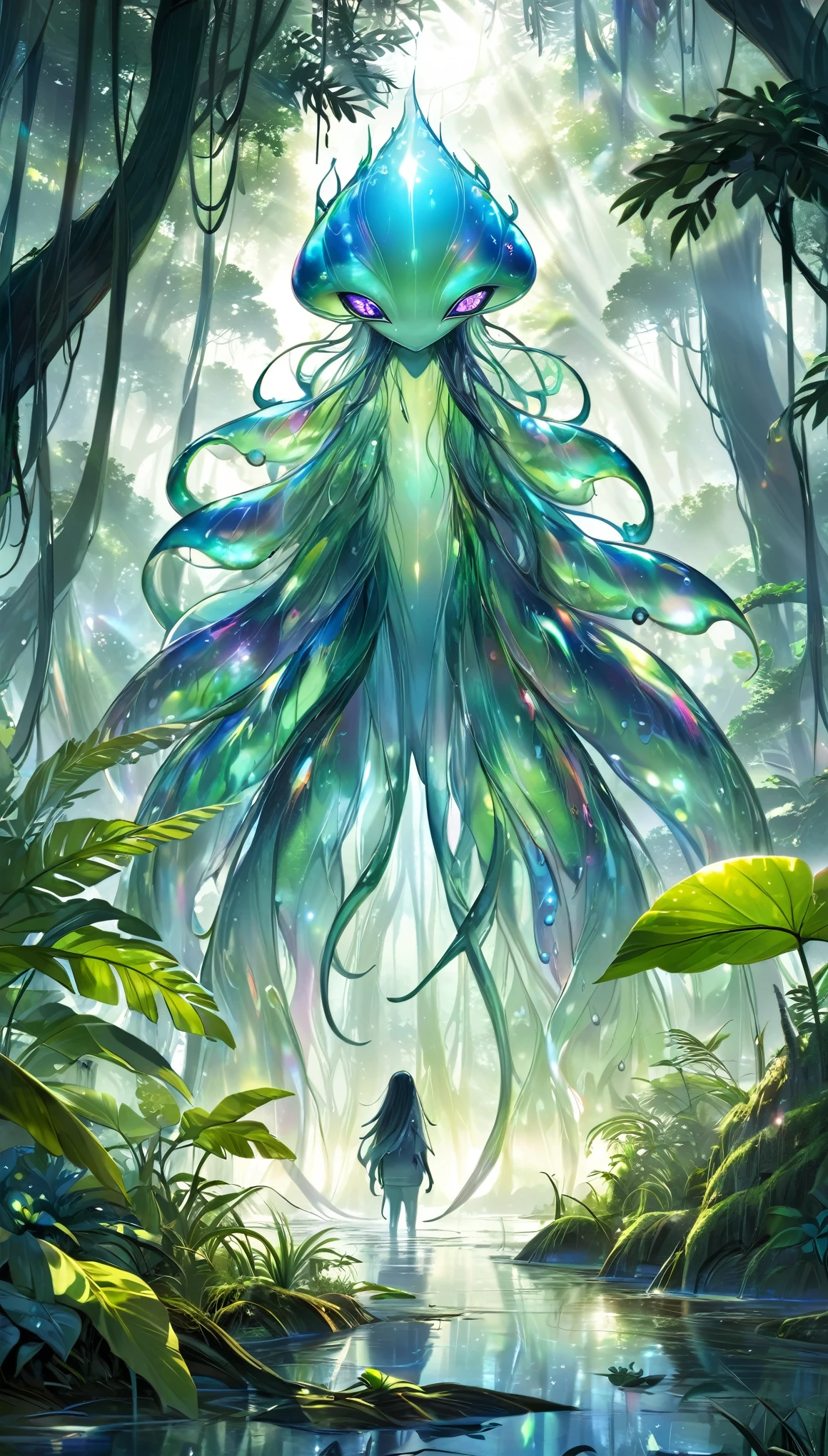 jungle exploration, lush foliage, swamps, water droplets, sunlight filtering through the trees, transparent translucent iridescent aliens (hiding in trees), transparent translucent iridescent aliens (disguised as trees), wary of us, fantasy art