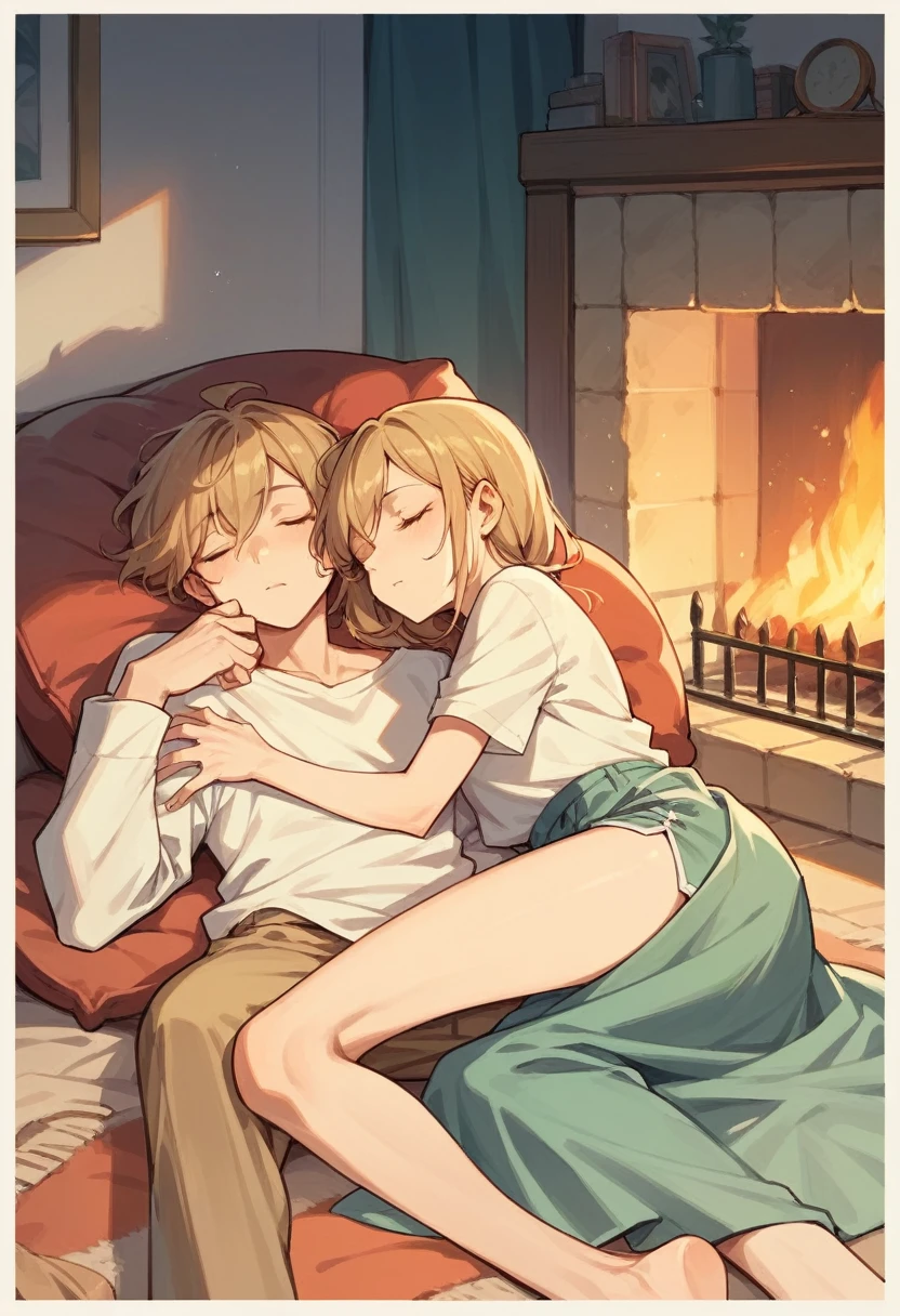 brother (slim build) and sister (slim build) sleeping together, next to a fireplace