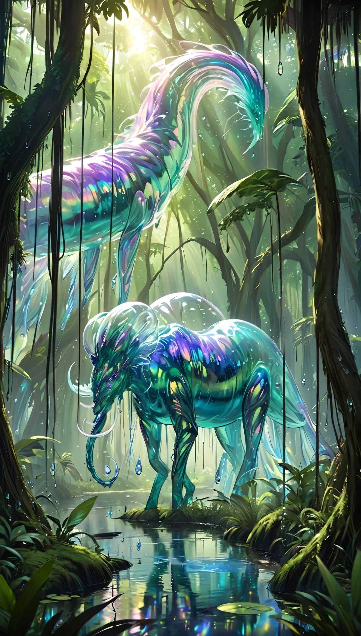 jungle exploration, lush foliage, swamps, water droplets, sunlight filtering through the trees, transparent translucent iridescent aliens (hiding in trees), transparent translucent iridescent aliens (disguised as trees), wary of us, fantasy art