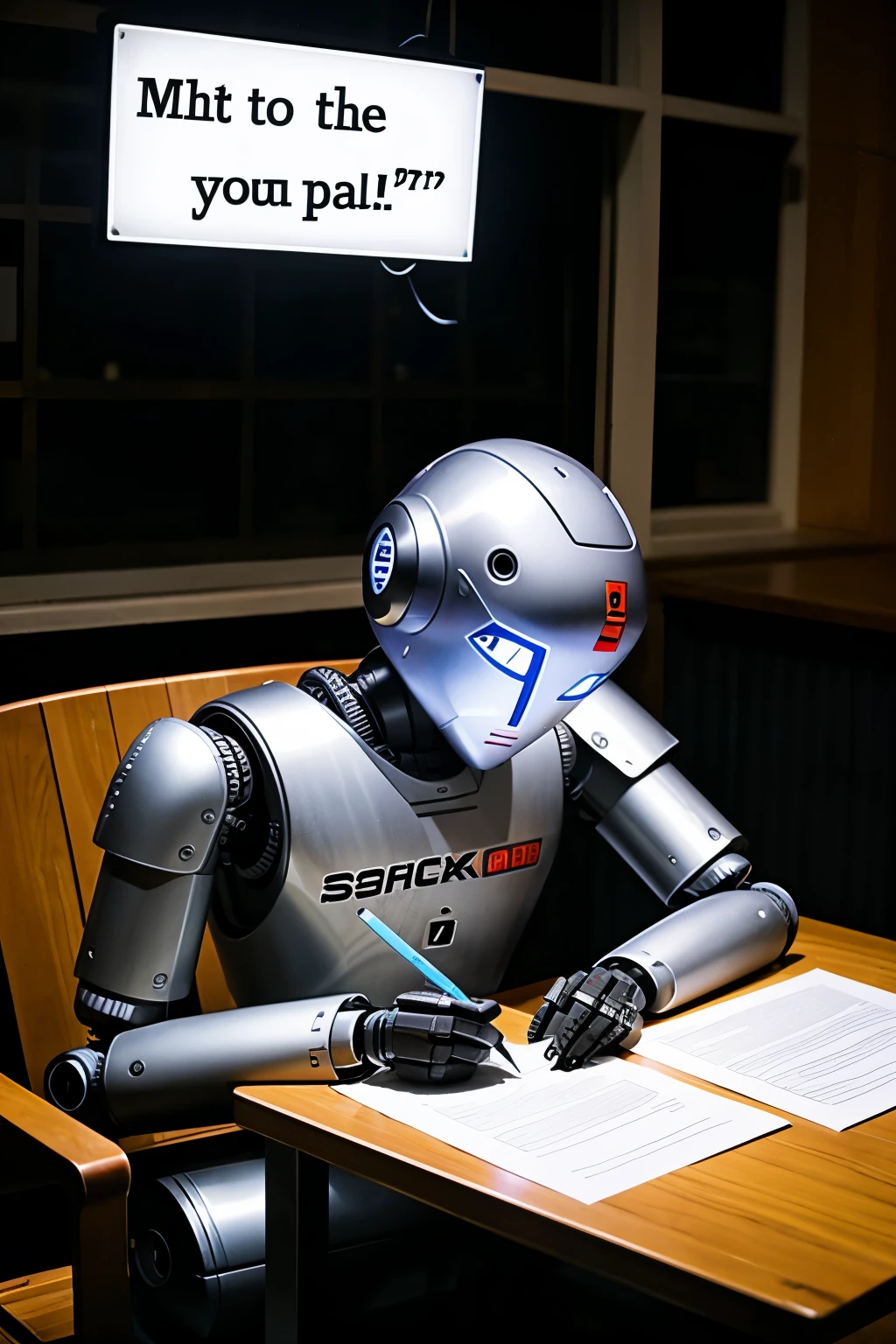 Robot having suicide and write 
Let Me Show My Real Face