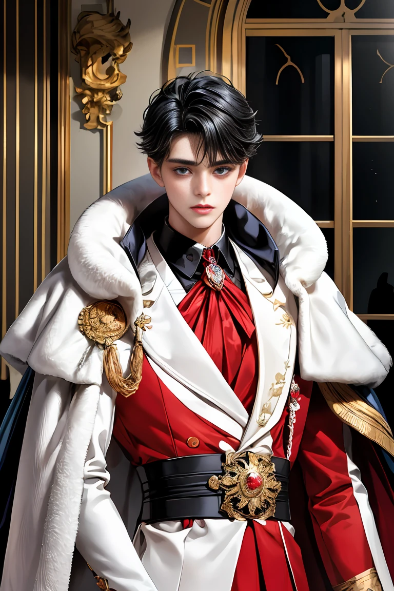 masterpiece, 最high quality, high quality, 1 boy, alone, Male focus, Watching the audience, Messy black hair, Adorable big blue eyes, White, Noble, Noble,A sexy, voluminous, puffy cape、tuxedo、A very voluminous, large, very large, very large, long, long red and black cape with a high stand-up collar, made of a lot of fabric that reaches down to the floor., ,Cute beautiful boys,Cute, cute, kind, handsome guy