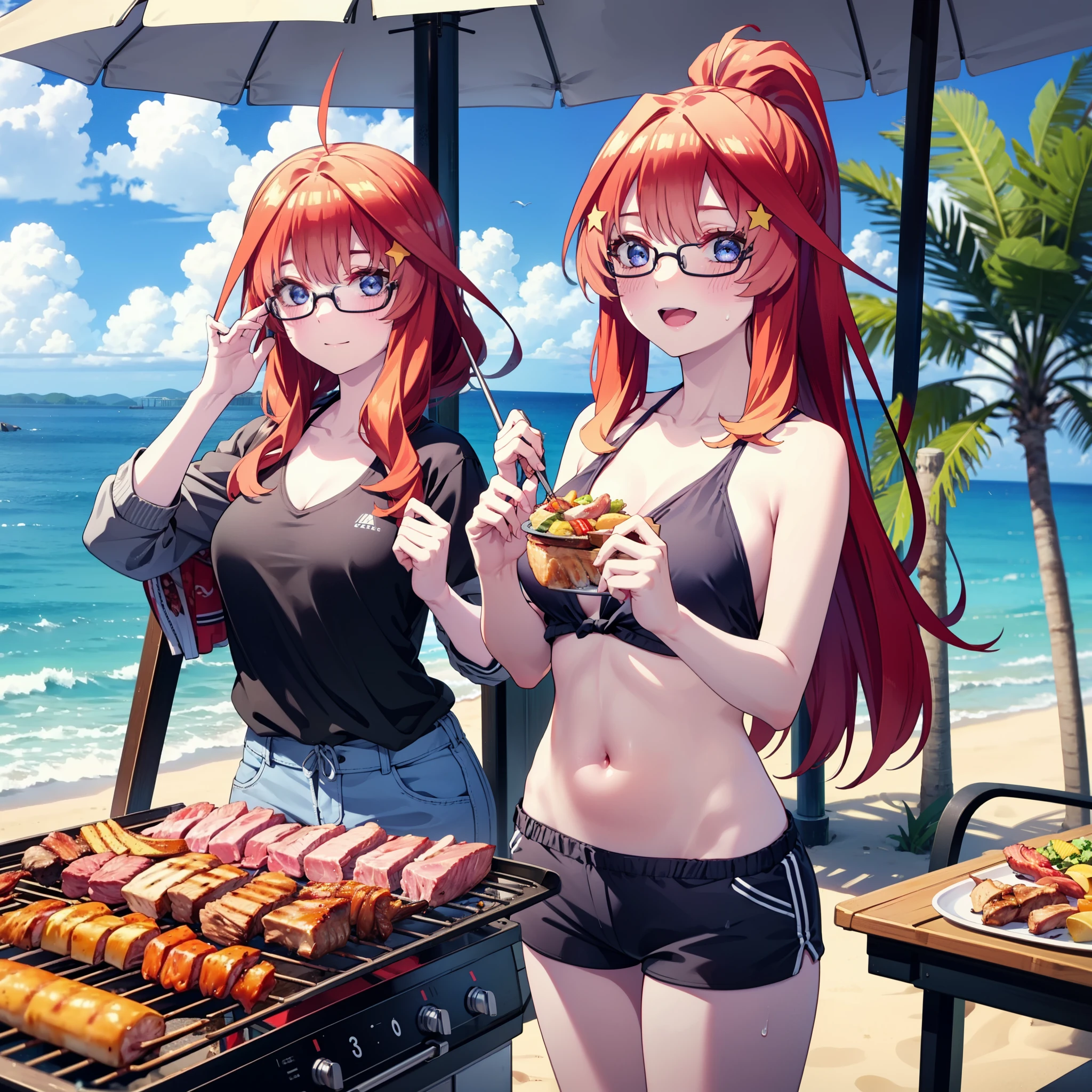 itsukinakano, Itsuki Nakano, bangs, blue eyes, Hair between the eyes, Ahoge, Redhead, star \(symbol\), hair ornaments, star hair ornaments,Baseball hats,ponytail,Black-rimmed glasses,happy smile, smile, Open your mouth,Red Bikini Swimsuit,Shorts,barefoot,Sweat,Beach,barbecue,cooking,Grilled meat,barbecue,Grilling meat,eating meat,Grilled meat,Palm tree,True Summer,Daytime,Clear skies,
break indoors, Beach,Sandy Beach,
break looking at viewer, (Cowboy Shot:1.5),
break (masterpiece:1.2), Highest quality, High resolution, unity 8k wallpaper, (figure:0.8), (Beautiful attention to detail:1.6), Highly detailed face, Perfect lighting, Highly detailed CG, (Perfect hands, Perfect Anatomy),