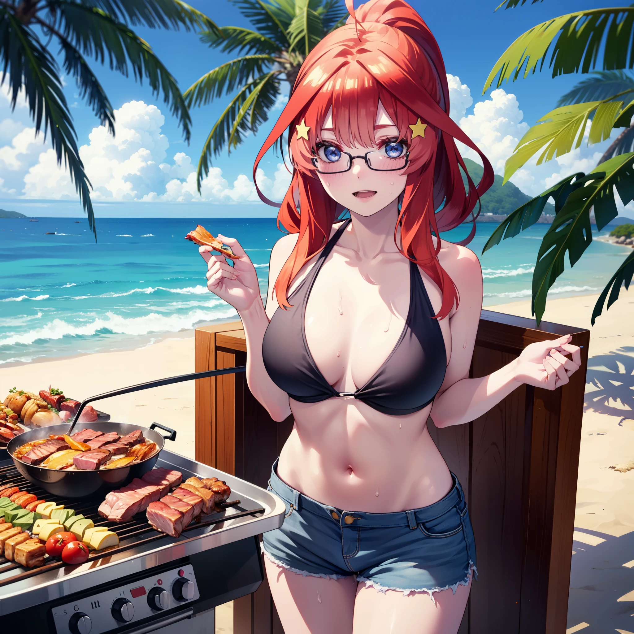itsukinakano, Itsuki Nakano, bangs, blue eyes, Hair between the eyes, Ahoge, Redhead, star \(symbol\), hair ornaments, star hair ornaments,Baseball hats,ponytail,Black-rimmed glasses,happy smile, smile, Open your mouth,Red Bikini Swimsuit,Shorts,barefoot,Sweat,Beach,barbecue,cooking,Grilled meat,barbecue,Grilling meat,eating meat,Grilled meat,Palm tree,True Summer,Daytime,Clear skies,
break indoors, Beach,Sandy Beach,
break looking at viewer, (Cowboy Shot:1.5),
break (masterpiece:1.2), Highest quality, High resolution, unity 8k wallpaper, (figure:0.8), (Beautiful attention to detail:1.6), Highly detailed face, Perfect lighting, Highly detailed CG, (Perfect hands, Perfect Anatomy),