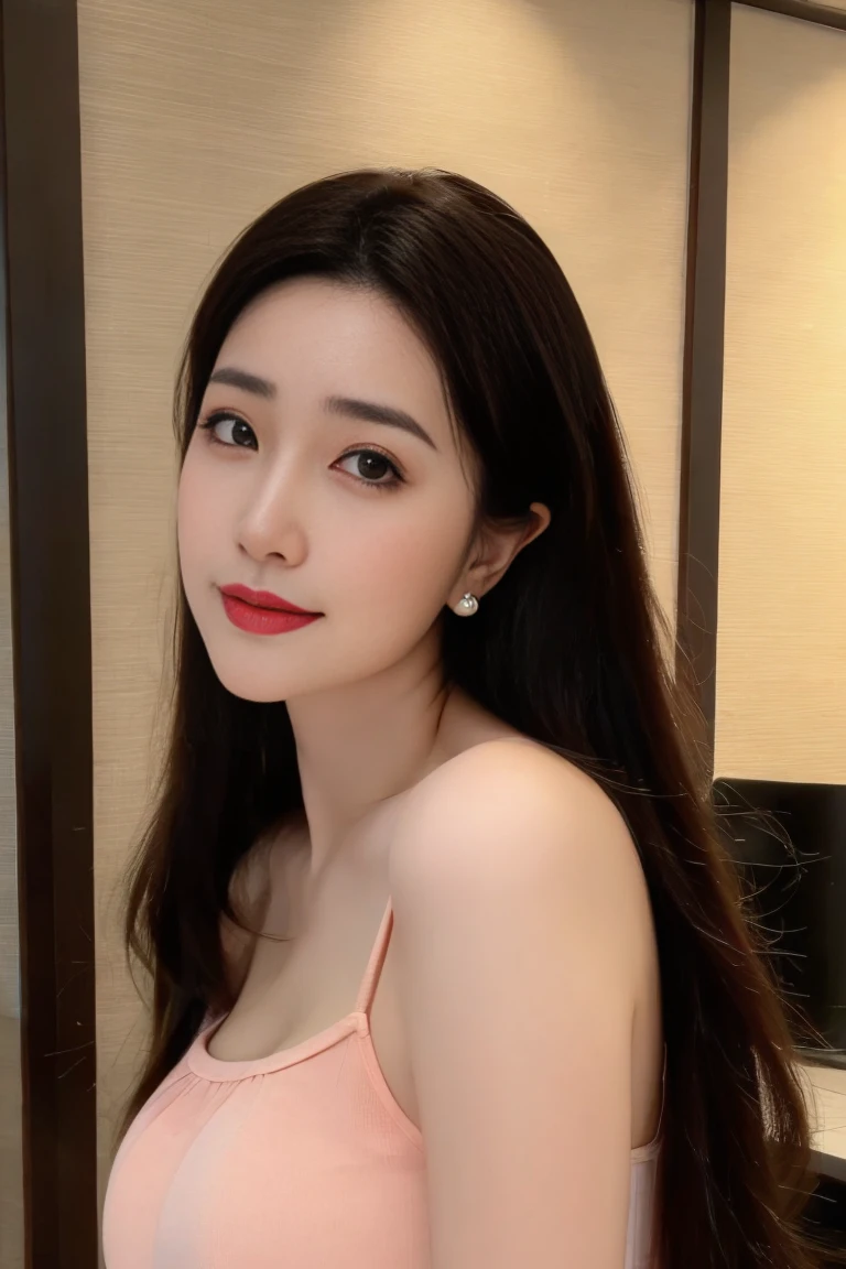  ulzzang-6500-v1.1,(raw photo:1.2),((photorealistic:1.30)), ((best quality)) ,((masterpiece)),((Ultra High Resolution)), ((Clear View)),,Ultra-high resolution,Clear face,（Reality：1.4) ,  illustration, an extremely delicate and beautiful, extremely detailed ,CG ,unity ,8k wallpaper, Amazing, finely detail, masterpiece,best quality,official art,extremely detailed CG unity 8k wallpaper,absurdres, incredibly absurdres, huge filesize, ultra-detailed, highres, extremely detailed,beautiful detailed girl, extremely detailed eyes and face, beautiful detailed eyes,light on face,cinematic lighting, 1girl, 独奏, long hair, black hair, hair ornament, jewelry, Earring, Blue eyes, (Double eyelids), (blush), (Cheeks flushed), (sharp nose), (Red nose), (makeup),smile, dress, black dress, standing, full body, (super Giant breasts:1.3), (shagging breasts:1.3), Slim body, big butt, slim waist, big hips,