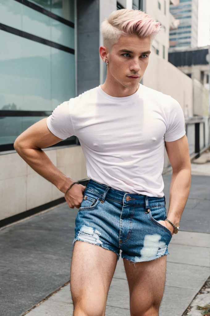 Young man,short hair blonde with O. cut-in. Mid fade with neat preserved edge, Scrawny ,simple white shirt and stylish black denim shorts for men,and a pair of white sneakers on the cheek, a slight touch of pink, he standing with the background of a men's room