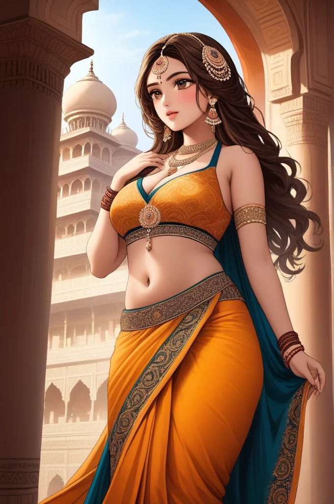 (best quality,highres,realistic:1.37)india's most beautiful lady,digital art wonders,princesscore,realistic historical fiction,charming detailed eyes and lips,fierce expression,historical attire,richly embroidered clothing,gold jewelry,dark wavy hair cascading down her back,flowing colorful silk saree,ornate palace in the background,historical architecture,detailed hand gestures,light amber candlelight,soft shadows and highlights,delicate facial features,meticulous attention to detail,subtle nuances of emotion,depth and richness in colors,expressive eyes that convey a sense of longing and strength,royal elegance and regal pose,graceful and confident stance,traditional henna patterns on her hands and feet,dusky complexion that glows in the warm light,realism with a touch of fantasy,impressive artistry,digital brushstrokes,soft and dreamlike ambiance,ethereal beauty,rich cultural heritage,indian art and folklore blended with contemporary digital techniques,masterpiece painting,pristine skin complexion,gorgeous traditional makeup,ornamental hair accessories,vibrant colors with a touch of darkness,dark white and light amber color palette,evocative and captivating art that tells a story,attention to historical accuracy while adding a touch of imagination,detailed background with architectural elements and intricate designs,deep emotional connection with the viewer., breasts,curvy body, cleavage ,oily body,full body covered with jewellery,navel jewellery,thigh jewellery,anklet,long necklaces,heavy necklace,