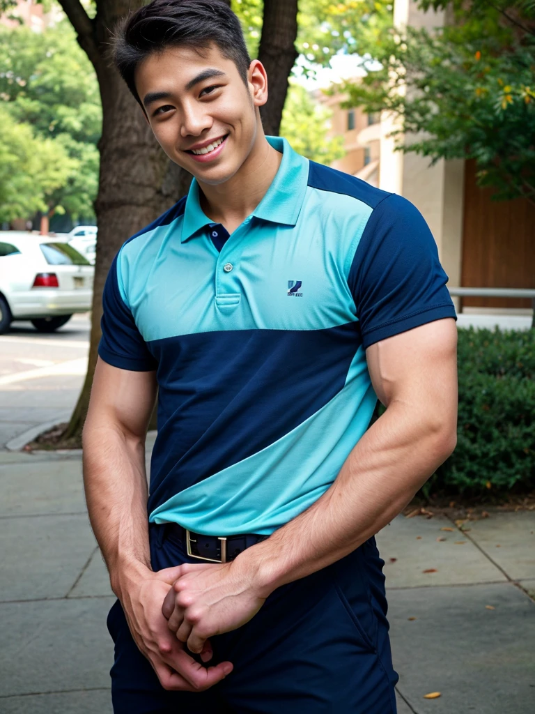 (best quality, 4K, 8k, high resolution, Masterpiece: 1.2), Special details, (realistically, As realistic as a photo, photo realistic: 1.37), Edge lighting, Extra detailed coloring, sharp focus, Physical rendering ,Extremely detailed description,professional,light color,Bokeh,Portrait,look at the viewer, Young Asian man, 20 years old ,(Wear a navy polo shirt.), smile ,Wide yard