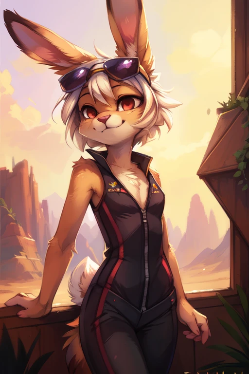 by kenket, by Zackary911, by hyattlen, by teranen, by fumiko, by Pixelsketcher, by Bayard Wu, by Einshelm, by Kilinah, by Hioshiru, by fluff-kevlar, by Dimwitdog, Furry, Anthro, solo, ((bunny)), ((female)), (slender), ((young)), ((fluffy tail)), floppy ears, ears down, short white hair, small breasts, short bunny tail, jump suit, embroidery, crotch zipper, unzipped, chest fluff, erotic, desert, sunglasses on head, ribs, smug, erotic pose, airforce pilot, sports bra