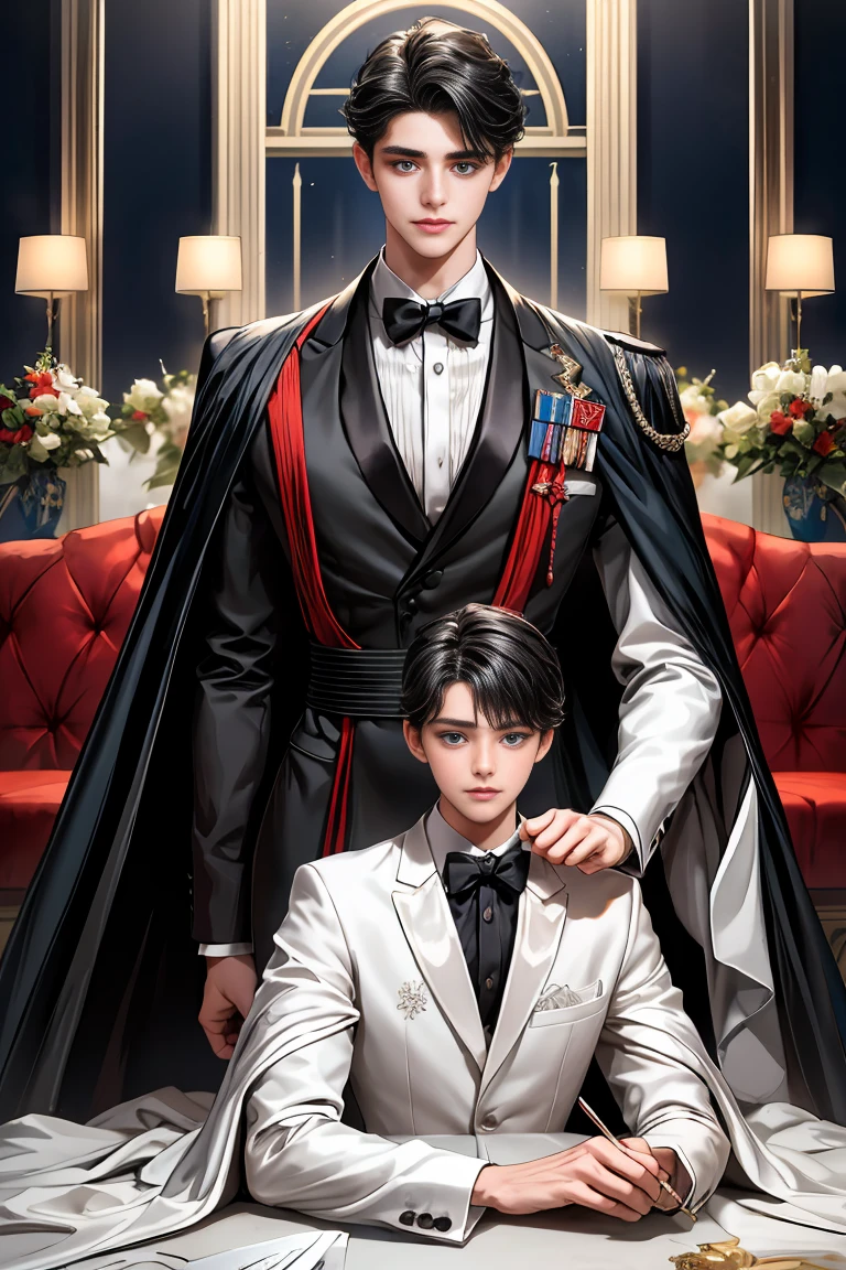 
masterpiece, 最high quality, high quality, 1 boy, alone, Male focus, Watching the audience,  Messy black hair, Adorable big blue eyes, White, Noble, Noble,Sexy voluminous cape、tuxedo、vampire、A very voluminous red and black cape with a high stand-up collar, very voluminous, very big, very big, very long, reaching down to the floor, made of a lot of fabric., 17 years old,Cute beautiful boys,Cute, cute, handsome boy with a gentle smile