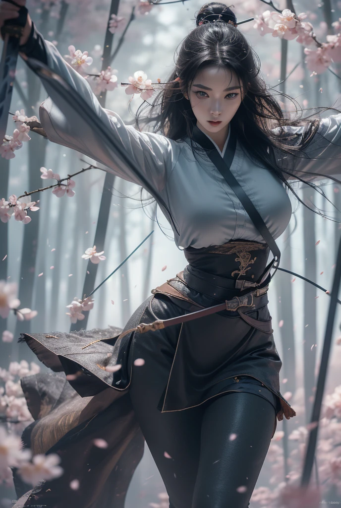 Leo woman, Attractive forward leaning detailed skin, Ultra-realistic 8k CG, picture-Perfect face, Flawless, Clean, masterpiece, Professional artwork, Famous Artworks, Movie Lighting, Bloom,((Black Hair)),(1 Girl,  Beautiful Korean girl),Perfect face, (young:1.1),((Fit the figure)),((25 years old)), Pretty Face, Beautiful blue eyes,Eye details, Detail face, (((Perfect female body, Willow Waist))),(Large Breasts:1.3),((Girls stand)),Upper Body,Blade sideways,Striking posture,Blade down,Blade right hand,, Cherry blossoms, (masterpiece, best quality, high quality, high resolution, Extremely detailed), 