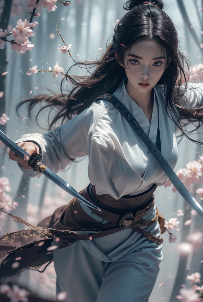 Leo woman, Attractive forward leaning detailed skin, Ultra-realistic 8k CG, picture-Perfect face, Flawless, Clean, masterpiece, Professional artwork, Famous Artworks, Movie Lighting, Bloom,((Black Hair)),(1 Girl, Beautiful Korean girl),Perfect face, (young:1.1),((Fit the figure)),((25 years old)), Pretty Face, Beautiful blue eyes,Eye details, Detail face, (((Perfect female body, Willow Waist))),(Large Breasts:1.3),((Girls stand)),Upper Body,Blade sideways,Striking posture,Blade down,Blade right hand,, Cherry blossoms, (masterpiece, best quality, high quality, high resolution, Extremely detailed),