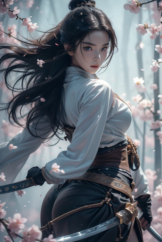 Leo woman, Attractive forward leaning detailed skin, Ultra-realistic 8k CG, picture-Perfect face, Flawless, Clean, masterpiece, Professional artwork, Famous Artworks, Movie Lighting, Bloom,((Black Hair)),(1 Girl,  Beautiful Korean girl),Perfect face, (young:1.1),((Fit the figure)),((25 years old)), Pretty Face, Beautiful blue eyes,Eye details, Detail face, (((Perfect female body, Willow Waist))),(Large Breasts:1.3),((Girls stand)),Upper Body,Blade sideways,Striking posture,Blade down,Blade right hand,, Cherry blossoms, (masterpiece, best quality, high quality, high resolution, Extremely detailed), 