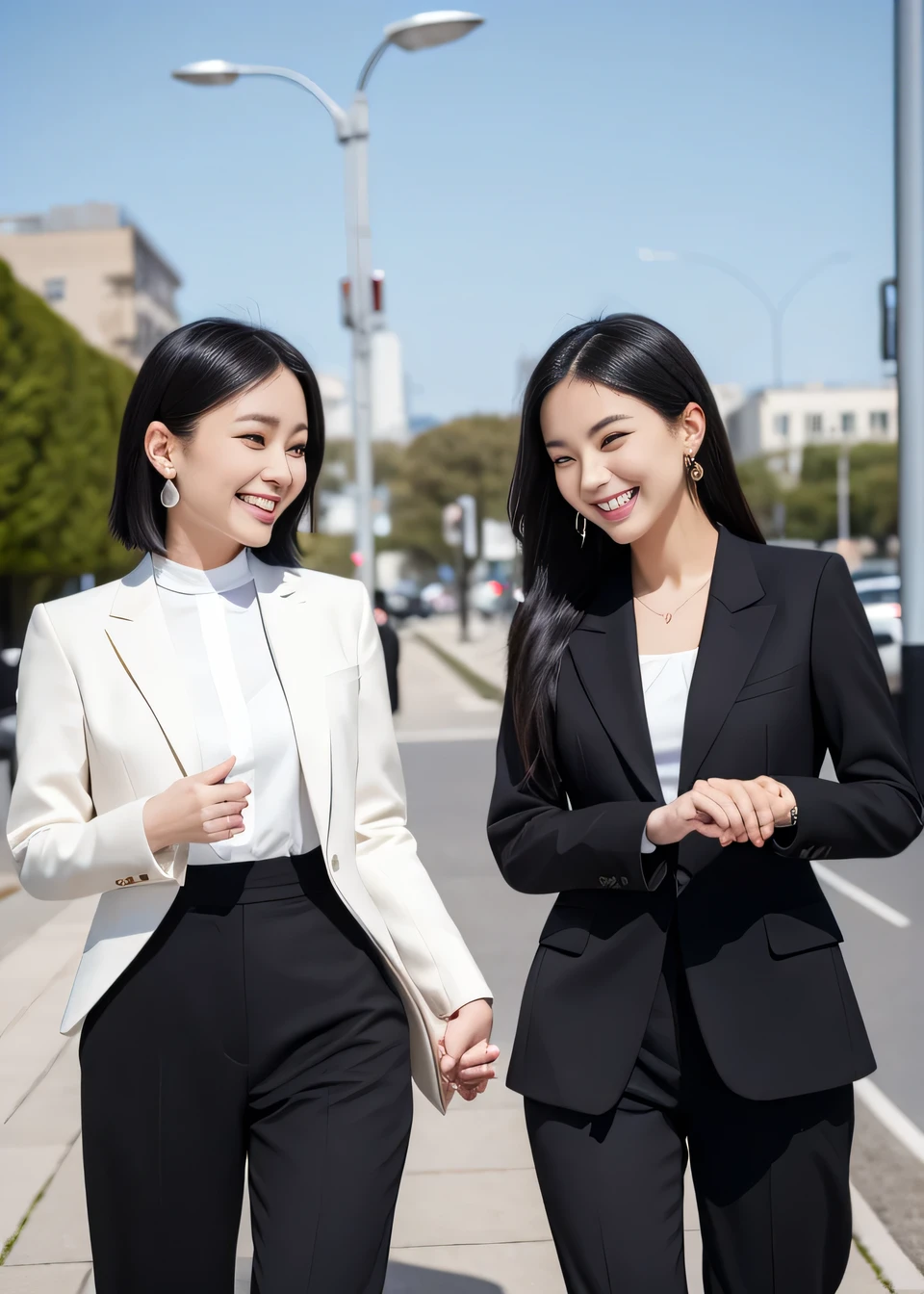 Highest quality, Photorealistic,Two young women standing side by side、Outdoor,、Black Hair、Ear piercing、smile、Beautiful teeth alignment、 Black suit, Are standing, Jacket, Pants Style、Recruitment Suit,,, pumps,
Task in Progress50%