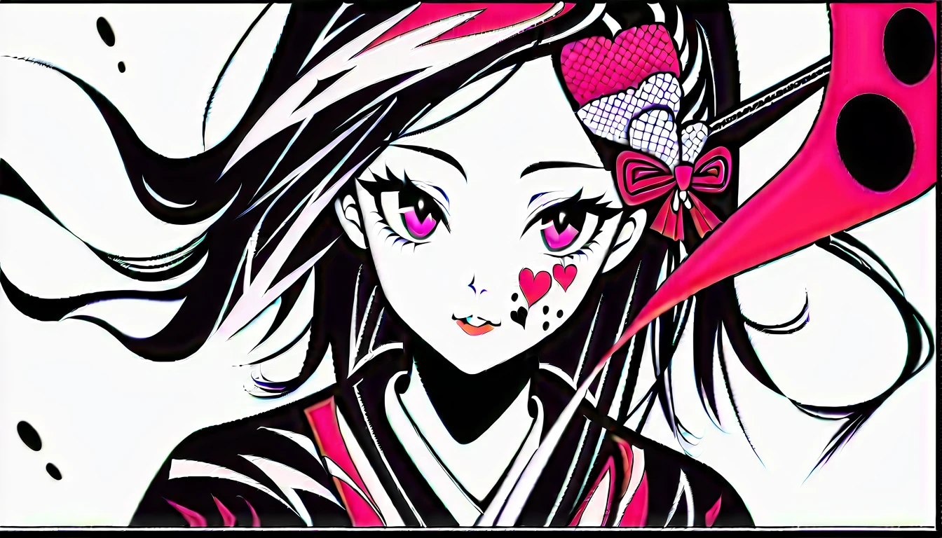 (((Ink Painting))), Fashion portrait color photos, (((1 girl))), (((Heart tattoo on face))), (((Gorgeous hair accessories))), Japanese style headphones, Hitting the drum with a stick, Japanese beautiful girl, Black Hair