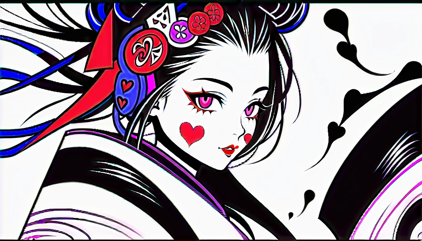 (((Ink Painting))), Fashion portrait color photos, (((1 girl))), (((Heart tattoo on face))), (((Gorgeous hair accessories))), Japanese style headphones, Hitting the drum with a stick, Japanese beautiful girl, Black Hair