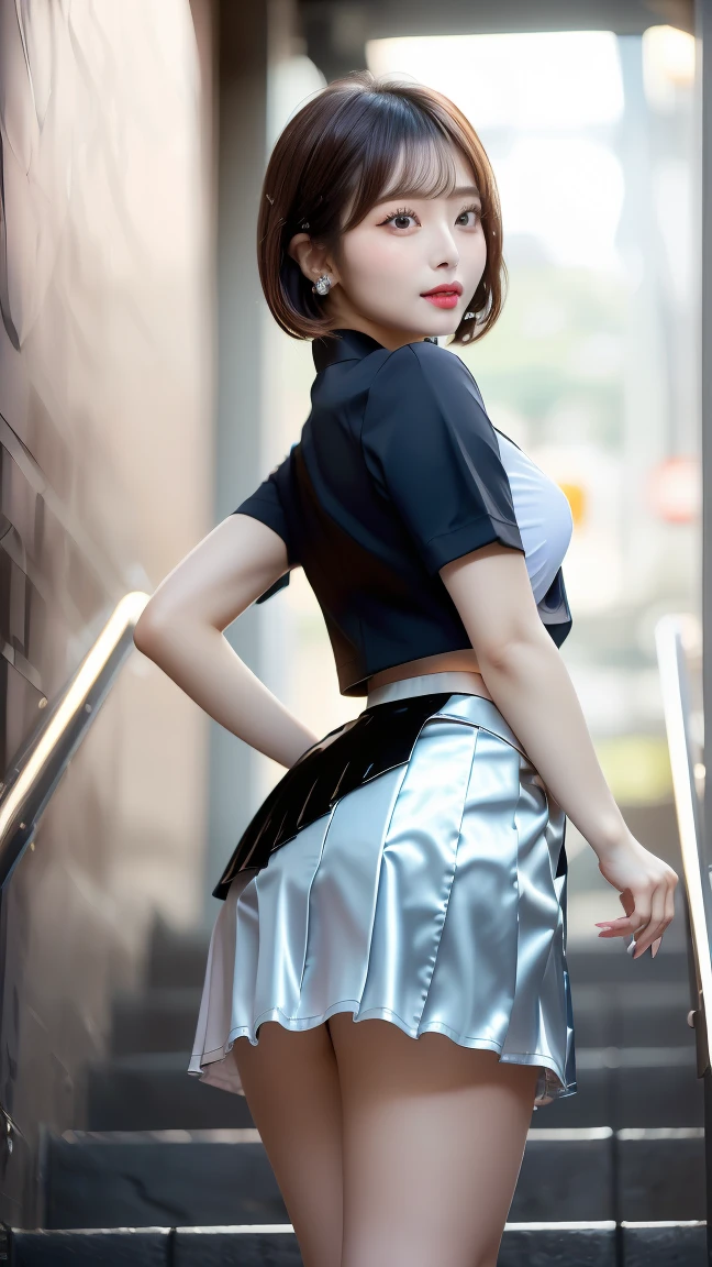 ((Highest quality 8K masterpiece)) Japanese Ido Sexy Woman Age 25 ((Beautiful symmetrical eyes Glossy, plump lips)) Sexy Hairstyle ((Shooting from the side Sexy pose Looking into the camera)) (Uniform Mini Skirt:1.4) (No rear body:1.6) (Side are visible:1.5) (No good:1.4) Climbing the stairs of the station Duck mouth Glowing Skin Face close-up Watery eye Full body portrait,(From below)