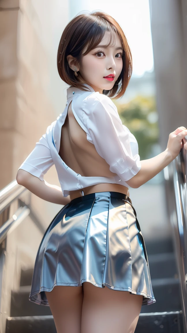 ((Highest quality 8K masterpiece)) Japanese Ido Sexy Woman Age 25 ((Beautiful symmetrical eyes Glossy, plump lips)) Sexy Hairstyle ((Shooting from the side Sexy pose Looking into the camera)) (Uniform Mini Skirt:1.4) (No rear body:1.6) (Side are visible:1.5) (No good:1.4) Climbing the stairs of the station Duck mouth Glowing Skin Face close-up Watery eye Full body portrait,(From below)