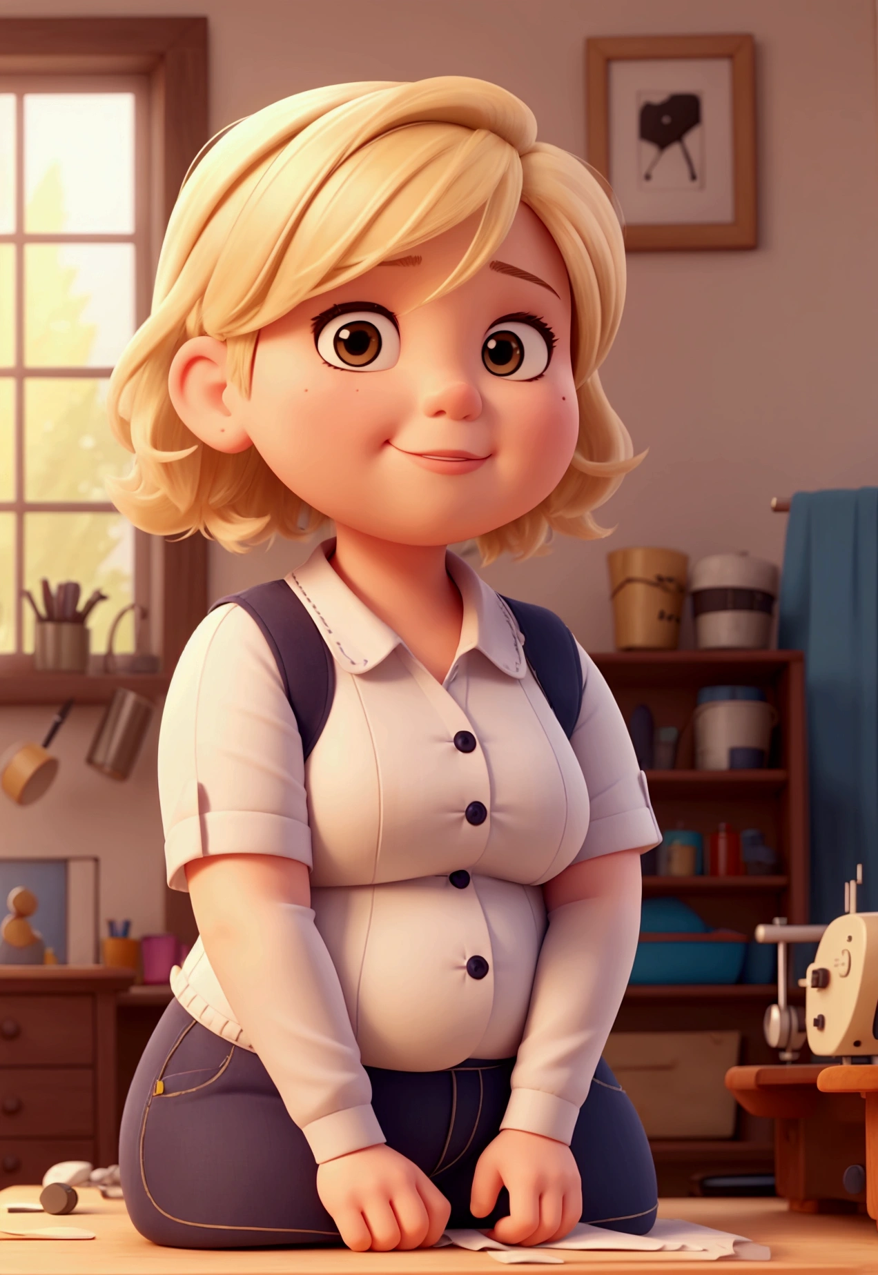 drawing of a chubby with short blonde hair sitting in front of a sewing machine sewing