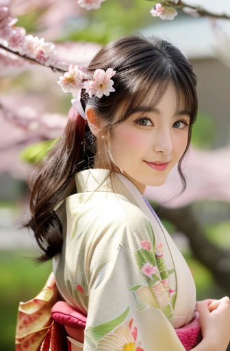 (Light makeup)、(top-quality,​masterpiece:1.3,超A high resolution,),(Ultra-detail,Caustics),(Photorealsitic:1.4,RAW shooting,)Ultra-realistic capture,（32ｋ,high detal,high-detail、​masterpiece,Attention to detail,full body Esbian,solo,Lori：1.6),Raw photo & realistic atmosphere,beautiful dark blue eyes,Detailed mouth,Glossy lips,Detailed eyebrows,Eyes drawn in detail with soft white skin that shines with every detail)、、 (Skin texture is natural、、The skin looks healthy with an even tone、 Use natural light and color, japanese, A dark-haired, long hair,(depth of fields、realisitic、8K UHD、hight resolution、(1girl in:1.2)、The ultra-detailliert、High quality textures、very detailed CG、High quality shadows, A dark-haired、Kyo-Yuzen, Kimono、park background , (Super cute face in idol style:1.4)、slim and beautiful figure、beutiful breast、A smile、full body Esbian:1.2、raining day, wet background,  a Japanese woman in kimono, 20 years old, standing under a sakura tree, standing beside flower,