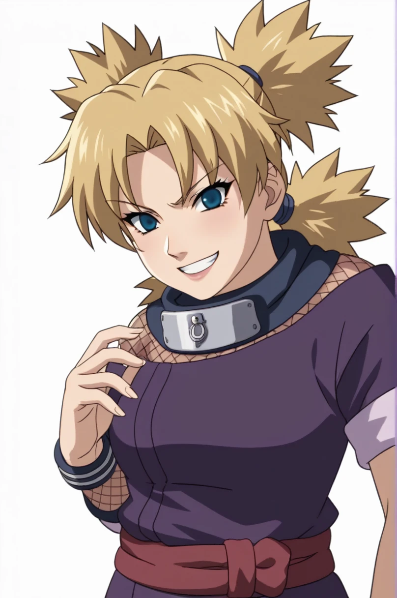 score_9, score_8_up, score_7_up, score_6_up, score_5_up, score_4_up, BREAK, source_anime, ytemari, 1girl, blonde hair, quad tails, blue eyes, fishnets, purple garment, sash, smile, upper body, looking at viewer, solo, simple background, white background, anime screencap, anime coloring, holding male chastity cage, extreme evil facial expression, wicked facial expression, holding male chastity cage for viewer, one hand with two fingers extremely close together, two fingers nearly pinching together, giggling, evil facial expression