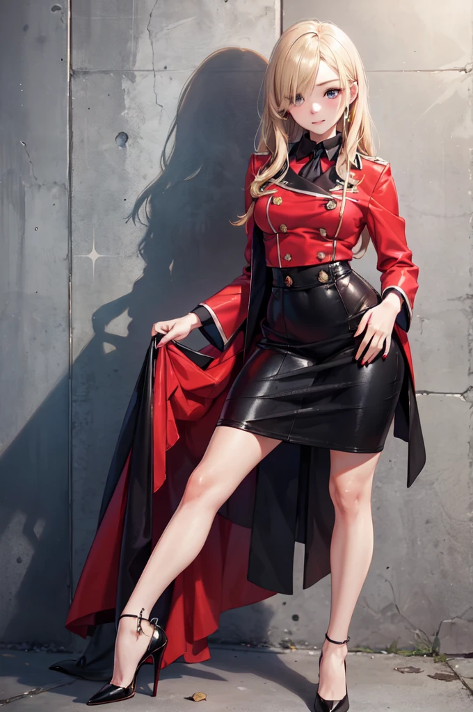 European Woman Portrait,alone,20-year-old,Beautiful Face,Upper Body,Hair on one eye,Medium Sidecut, Blonde, Sharp focus,Black and red uniform,Tight Skirt,(High heels:1.5),Highest quality,masterpiece,masterpiece