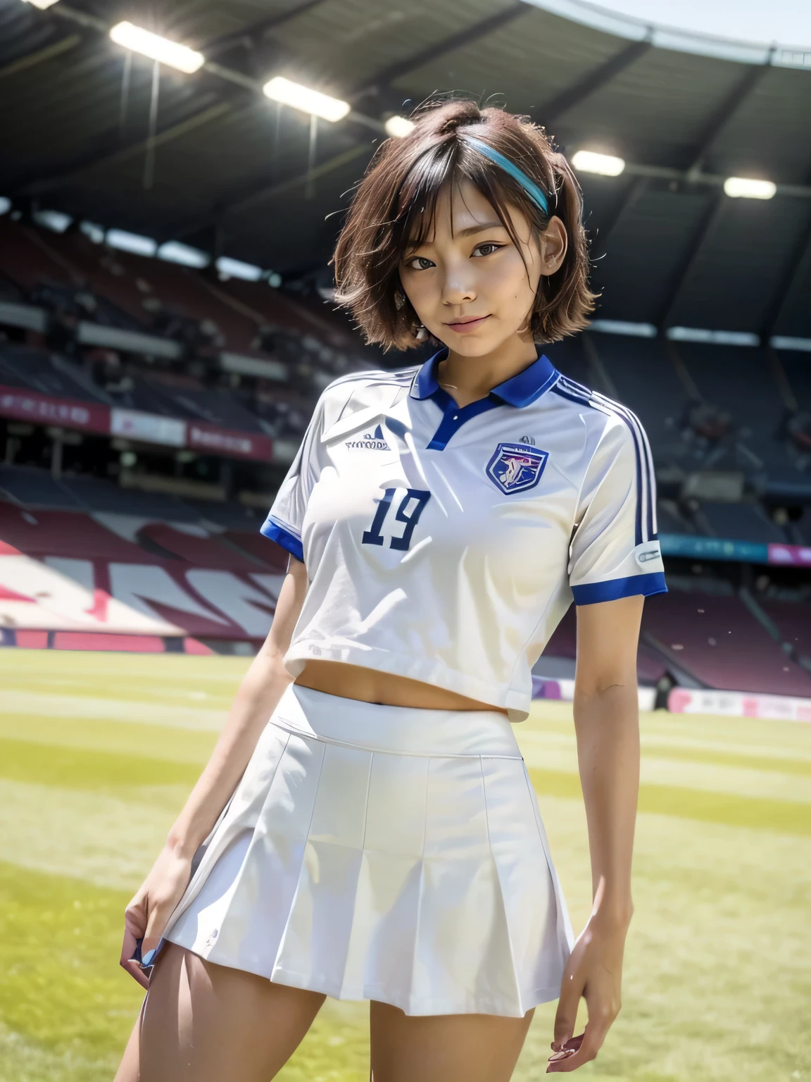 (((2 girls:1.5))、Two women standing close together in a stadium、Two Boyish Women、Football Supporters、17-year-old girls、Group photo of a group of soccer fans)、(Realistic、Like a photograph、Live Action、8k, Realistic, RAW Photos, Best image quality: 1.4), Single-lens reflex camera、RAW Photos, Highest quality, Realistic, Highly detailed CG Unity 8k wallpaper, Written boundary depth, Cinematic Light, Lens flare, Ray Tracing, Realistic background、((She is wearing a soccer uniform and a flared mini skirt:1.45)、Big Breasts)、((Silver Inner Color Hair:1.1))、Cute Japanese Gals、((whole body:1.5))、(short hair:1.2)、I like that style、stylish、Very detailed、Pay attention to the details、Perfect outfit、(White skin)、Beautiful feet:1.1、View from below、Accurate Arm、Super detailed face