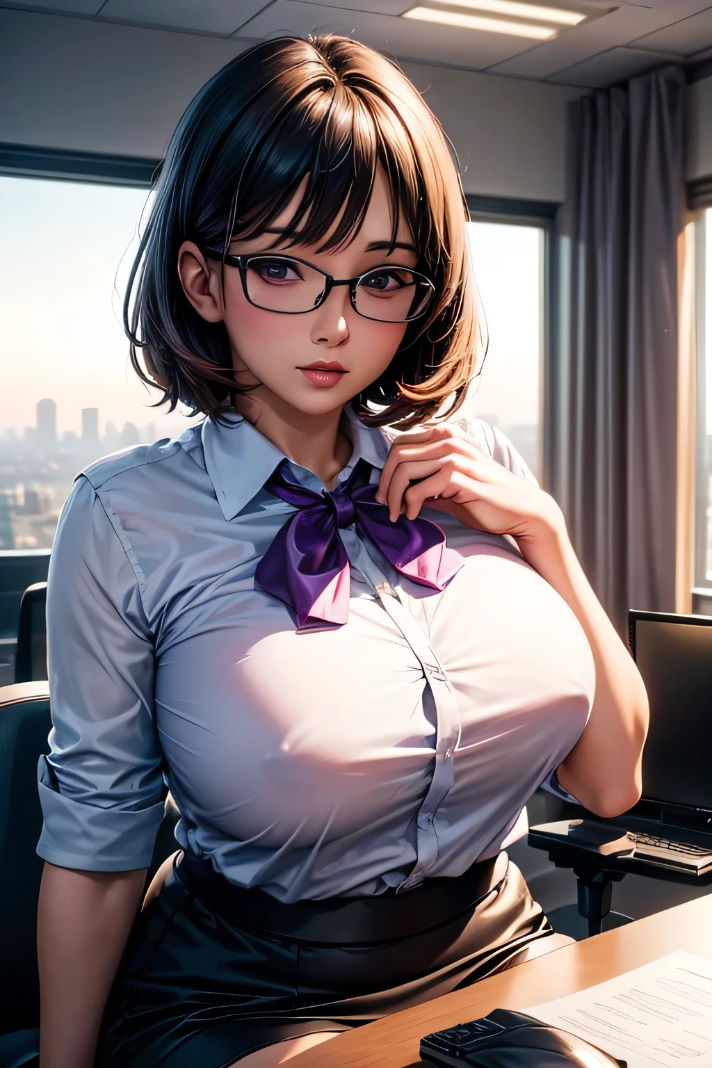 (masterpiece:1.2, Highest quality), (Realistic, photoRealistic:1.4), 1girl,short hair,Glasses,Shiny purple satin blouse,Black tight skirt,stockings,(Strap ID Card),50 years old,赤いルージュのPlumpとした唇,Round face,Plump,(eye contact),Office in a high rise building,(I sat at my computer desk and turned around.),sunset,A capable female secretary giving advice　
