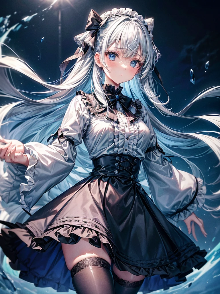 (kawai Quality figure),(((Top quality))),she has short white braided hair and sky blue eyes,her outfit is monochrome consisting of unbuttoned grey jacket, (Ghotic with long skirt),(Her outfit closely resembles a goth ta aesthetic black), (blouse underneath), (a grey skirt with ruffled fabric underneath and a lace draping over it),(wears black tights), (She is considered to be very beautiful), ((spirit of the coming land)), ((beautiful storm)) ,run under blue sky with piece pose, strom spring 