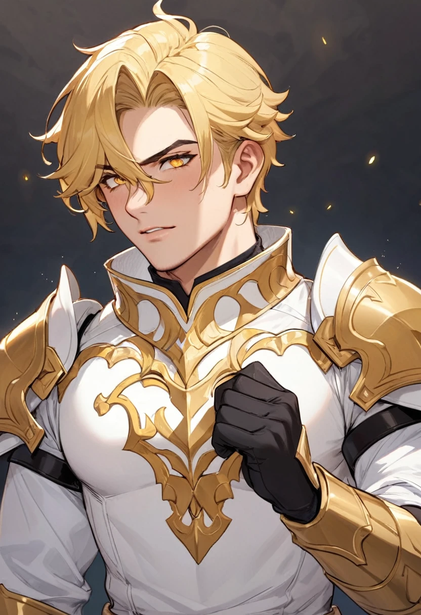 naughty man, paladin, Mediovale, wearing thick white clothes, blonde hair and bright golden eyes