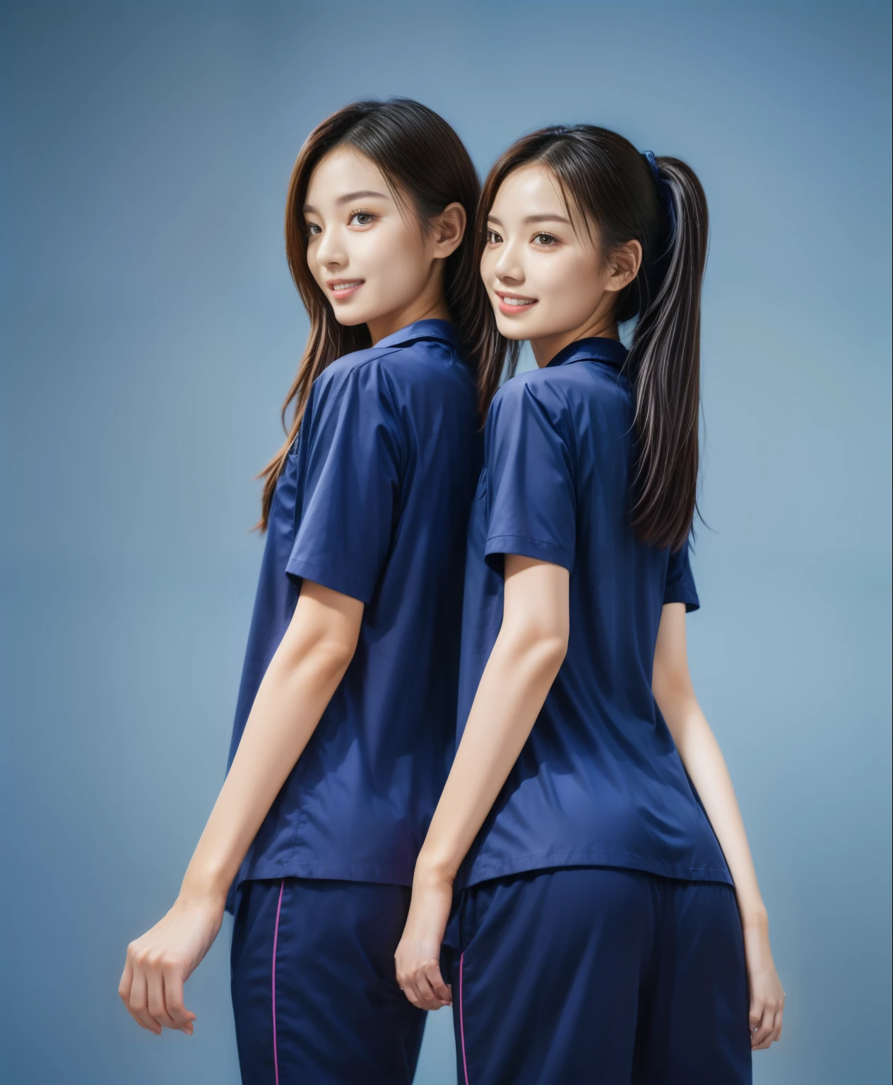 (best quality,10,10,height,Masterpiece:1.2),Special details,(realistic,ภาพrealistic,Realistic photos:1.37),1 Cute girl in the kitchen,shiny, ผิวshiny,only,smile softly,BDclothelue shirt:1.3)),short sleeve,shirt, กางเกงขาlong.,(navy_long_track pants:1.1), ((Kitchen Background)),Dynamic angle,excited,Face focus,dynamic poses,from behind,focus on ass,Masterpiece, best quality, ultra realistic, hyper detail, 8k resolution, raw photos, Sharp focus, ((Navy blue shirt:1.1)), short sleeve, เส้นทางlong, perfect body, 2 mature women, 18 years old, Cinema-grade lighting system,blue sweatpants,shirtผ้าออกกำลังกาย,correct anatomy,perfect body, correct body, Sharp face, correct bodyทางกายวิภาค, full body, realistic gestures, long-haired, realistic poses,Wear long shorts...........................,ช่วงขาlong,Good shape,carved girl, Slender figure, model, Good shape, beautiful body,blue sweatpants, two girls kissing