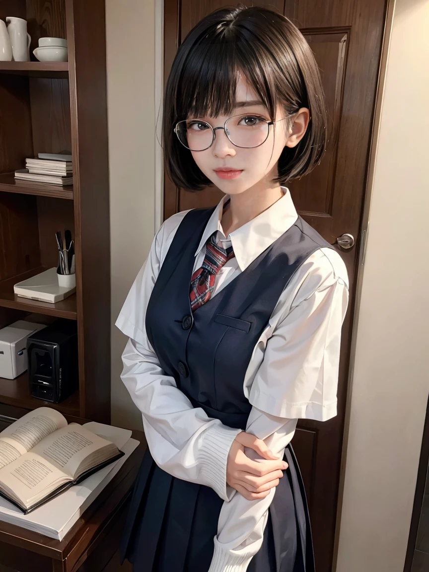 Looking into the camera,26 years old、1 Japanese female,(wear rimless glasses)(Black short bob hair)(Thin Hair)(She is wearing a schoolgirl&#39;s uniform)(Spread your legs)(Very large breasts)(Big Breasts)(Accentuate the crotch)(Her breasts are exposed from her swimsuit),(Obscene pose)(Accentuate your cleavage)(Voluptuous body),(Best image quality, (8k), Ultra-realistic, 最high quality, high quality, High resolution, high qualityの質感, Attention to detail, Beautiful details, Fine details, Extremely detailed CG, Detailed Texture, Realistic facial expressions, masterpiece, in front),(((Strict adherence to front-end configuration)))　(((Photograph the whole body)))(((She flaunts her sexiness)))(((Accentuate the crotch)))