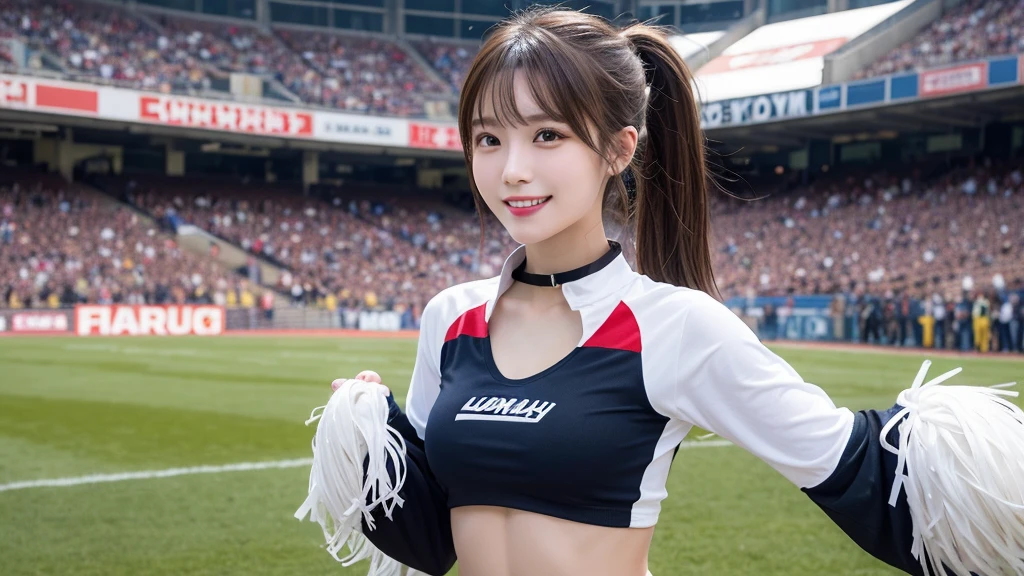 「solo」Detailed and realistic portrait of a beautiful young Asian woman。She has long light Brown Hair and big light brown eyes. ((Mid-chest, Tomboy, Small Head)), (Trained abdominal muscles : 1.1), (Perfect body : 1.1), Auburn Hair, collar, Lock, , Upper Body, Highest quality, One beautiful woman, Long Hair, Brown Hair , A shy smile, Under the clear blue sky、Lush green stadium lawn, A cheerful and energetic cheerleader. She has a bright smile and a dynamic pose.. Her hair is tied in a ponytail, Swaying with her movements. Her uniform features vibrant red and white colors., Sporty, Fitted design of cheer skirt and top. She has a pom-pom in her hand, Expressing lively and energetic movement. She is surrounded by other cheerleaders., Foster team unity. background, The spectator seats are visible, With the support of fans. (Highly detailed CG 8k wallpaper), (Very delicate and beautiful), (masterpiece), (Highest quality:1.0), (ultra High resolution:1.0), Beautiful lighting ,Perfect Lightning, Realistic Shadows, [High resolution], Detailed skin, Super detailed