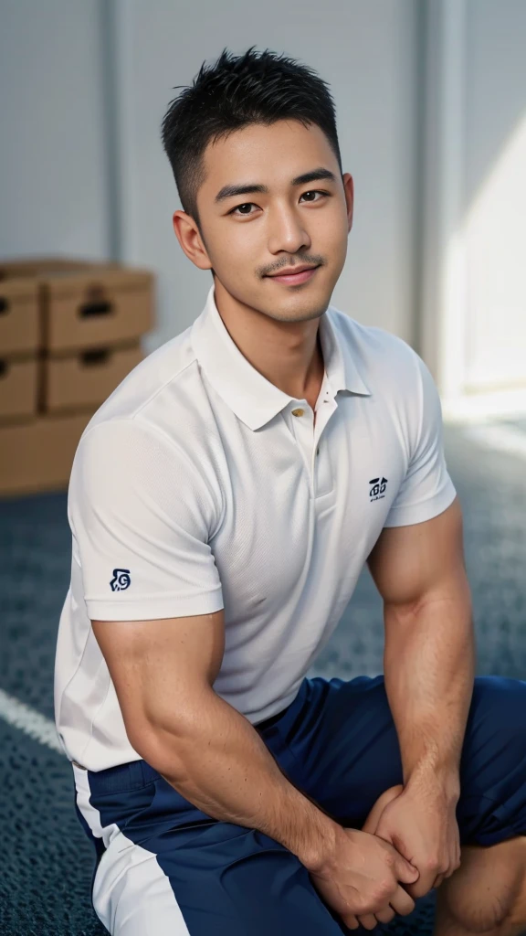Masterpiece, best quality, high resolution, realistic, handsome, Take beautiful photos, A photo of a 35-year-old Gym Association member sitting on the floor. (The man has a thin mustache.) ,Full body, Portrait, standing on the football field, make military media, weight, Amazing , Buzzcut short hair,stubble head , (Hyper Muscle),looking at the audience, Flirt with the camera, charming, (Tight white polo shirt Cargo pants ),(GS-Male:1), 8k,Bokeh,Portrait,look at the viewer, smile 