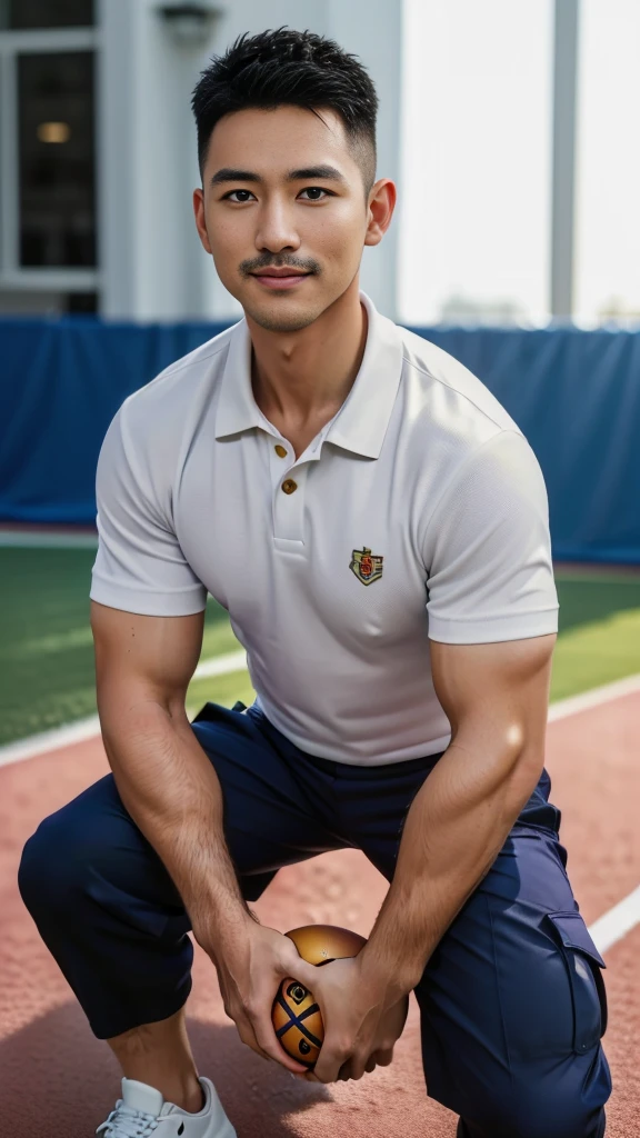 Masterpiece, best quality, high resolution, realistic, handsome, Take beautiful photos, A photo of a 35-year-old Gym Association member sitting on the floor. (The man has a thin mustache.) ,Full body, Portrait, standing on the football field, make military media, weight, Amazing , Buzzcut short hair,stubble head , (Hyper Muscle),looking at the audience, Flirt with the camera, charming, (Tight white polo shirt Cargo pants ),(GS-Male:1), 8k,Bokeh,Portrait,look at the viewer, smile
