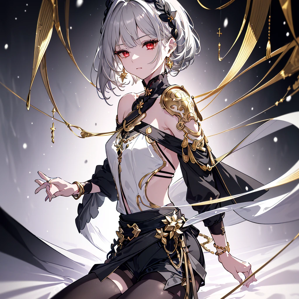 8k,High resolution RAW color art,Anime Art,Silver Marble Skin, (((Very detailed and cool))), Detailed skin, Bokeh、texture,(Exquisitely crafted, The finer details, Ultra-detailed art), (((1 girl))), Depth of written boundary, Silky Touch, Hyper Detail, (((Cool face))), eye shadow, Beautiful detailed red eyes, Beautiful lip detail, Highly detailed face, Delicate depiction of hair and eyes, Detailed Fashion, Golden Earrings,Full body depiction, Black half top、(((Shoulder Bare)))、Black shorts、Waist Cloak、Black thigh-high tights、Golden decoration, Light gray hair, Golden bracelet, Straight Hair、Short Hair、(((Hair)))、Simple Background、Black theme、snow、Side view、look down、cloth、Clear face、bed