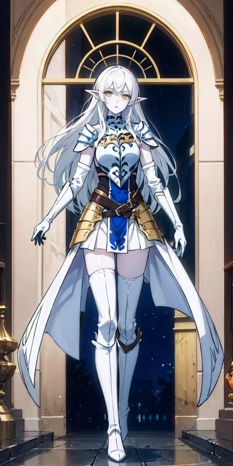 masterpiece, best quality, high quality, white SKIN elf, long hair, white hair, yellow eyes, full body, def_effie, blue breastplate, white skin, looking at viewer, shiny, armor, thigh highs, high boots, shoulder armor, faulds, poleyn, gloves, gauntlets