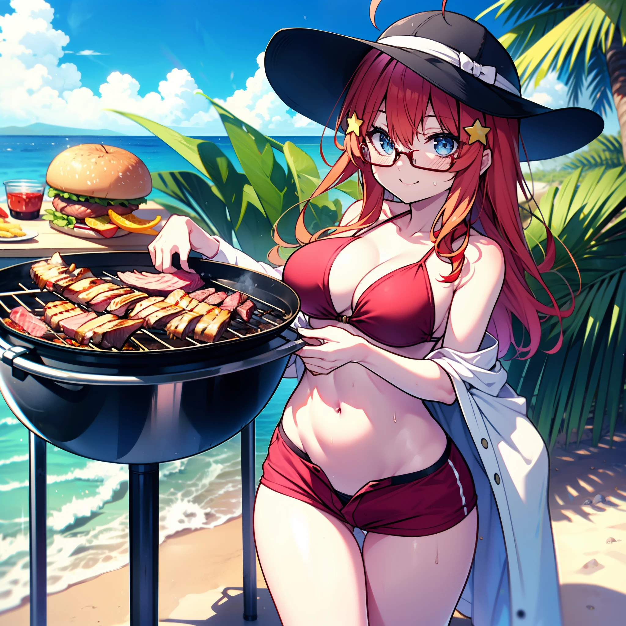 itsukinakano, Itsuki Nakano, bangs, blue eyes, Hair between the eyes, Ahoge, Redhead, star \(symbol\), hair ornaments, star hair ornaments,Baseball hats,Black-rimmed glasses,happy smile, smile, Open your mouth,Red Bikini Swimsuit,Shorts,barefoot,Sweat,Beach,barbecue,cooking,Grilled meat,barbecue,Grilling meat,eating meat,Grilled meat,Palm tree,True Summer,Daytime,Clear skies,
break indoors, Beach,Sandy Beach,
break looking at viewer, (Cowboy Shot:1.5),
break (masterpiece:1.2), Highest quality, High resolution, unity 8k wallpaper, (figure:0.8), (Beautiful attention to detail:1.6), Highly detailed face, Perfect lighting, Highly detailed CG, (Perfect hands, Perfect Anatomy),