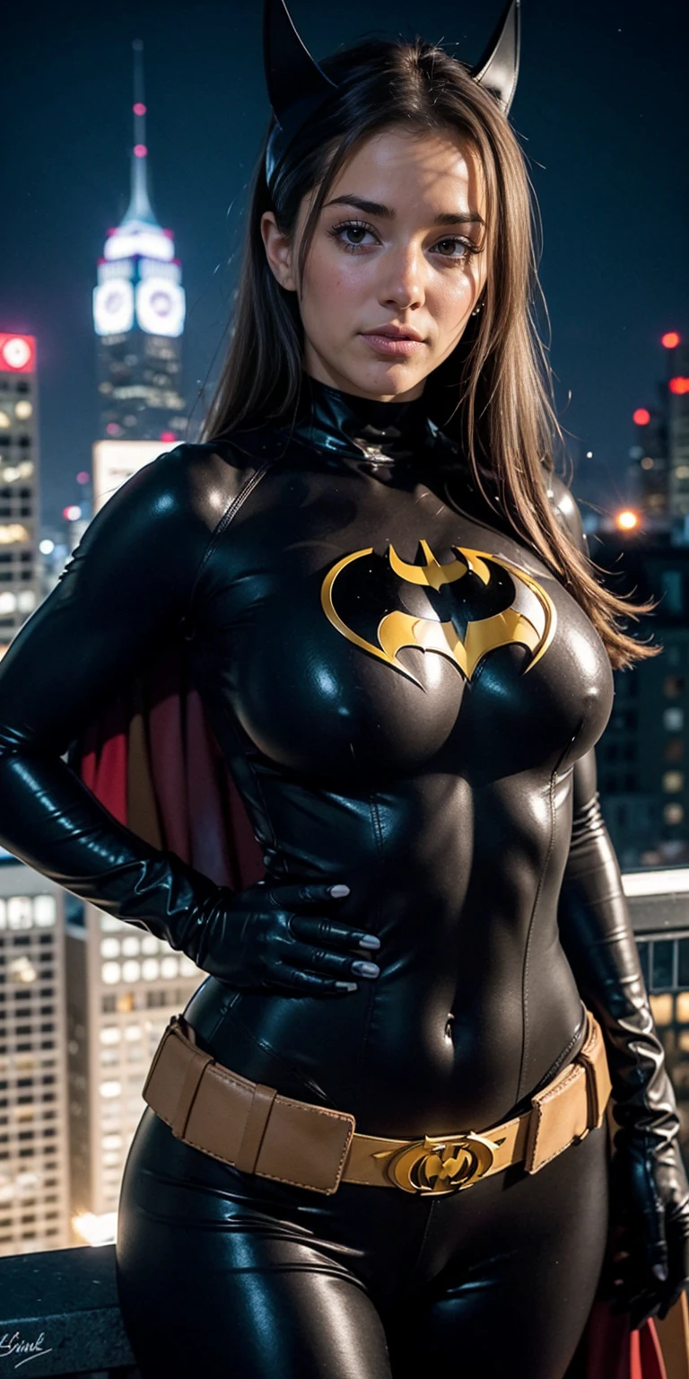 masterpiece, best quality, 1girl, batgirl,long hair,,bodysuit,breasts,cape,belt,medium breasts,superhero,gloves,lips,black bodysuit,belt buckle,bat_print,pouch, curvy, toned, large breasts, narrow waist, realistic, 3d, night sky, cityscape, gotham city background, midriff visible, ((underboob))
