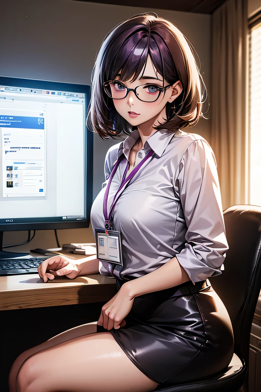 (masterpiece:1.2, Highest quality), (Realistic, photoRealistic:1.4), 1girl,short hair,Glasses,Shiny purple satin blouse,Black tight skirt,stockings,(Strap ID Card),50 years old,赤いルージュのPlumpとした唇,Round face,Plump,(eye contact),Office in a high rise building,(I sat at my computer desk and turned around.),sunset,A capable female secretary giving advice
