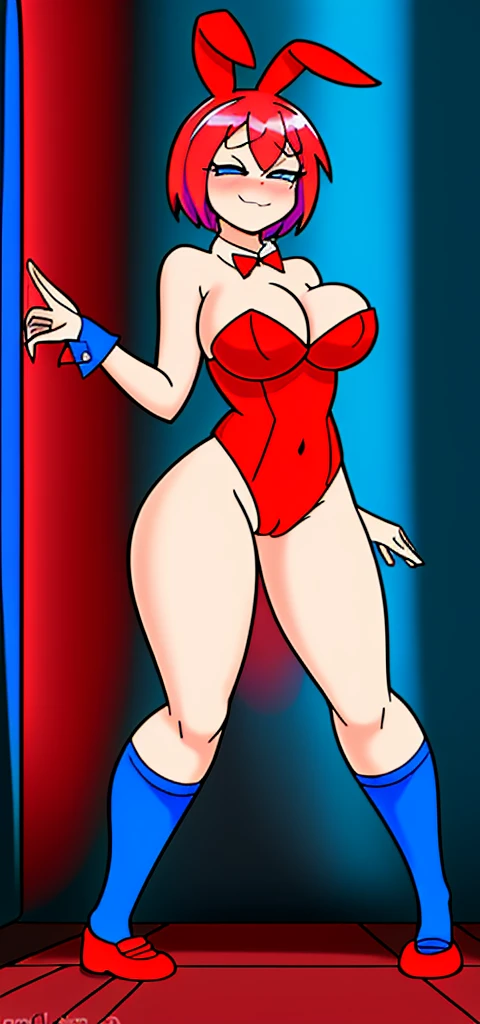 [less8 Pacman ghost], ((masterpiece)), ((High Definition)), ((high quality)), ((detailed shading)), ((beautiful rendering art)), ((solo portrait)), ((Whole body)), ((Front view)), ((intricate details)), playboy bunny, Red suit ,socks negras, socks . , blue eyes, Red hair, , short hair, big breasts, shoes, red shoes, defined neckline,(Blue socks), human,hair ornament, white rabbit tail,  cyberpunk, neon, interiors, casino, depth of field,, Alone, looking at the viewer, very sensual, blushing, mischievous smile,open legs, sexual content, penetrated