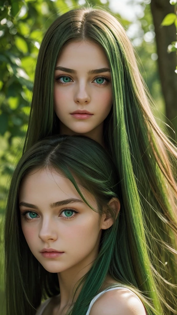 a girl.  face sent feeling.  Europe.  Oval face.  long face.  delicate facial features.  gentle eyes.  seductively seductive.  green eyes.  long straight hair.  green hair.  sad expression.  shy.  straight face.  outdoor