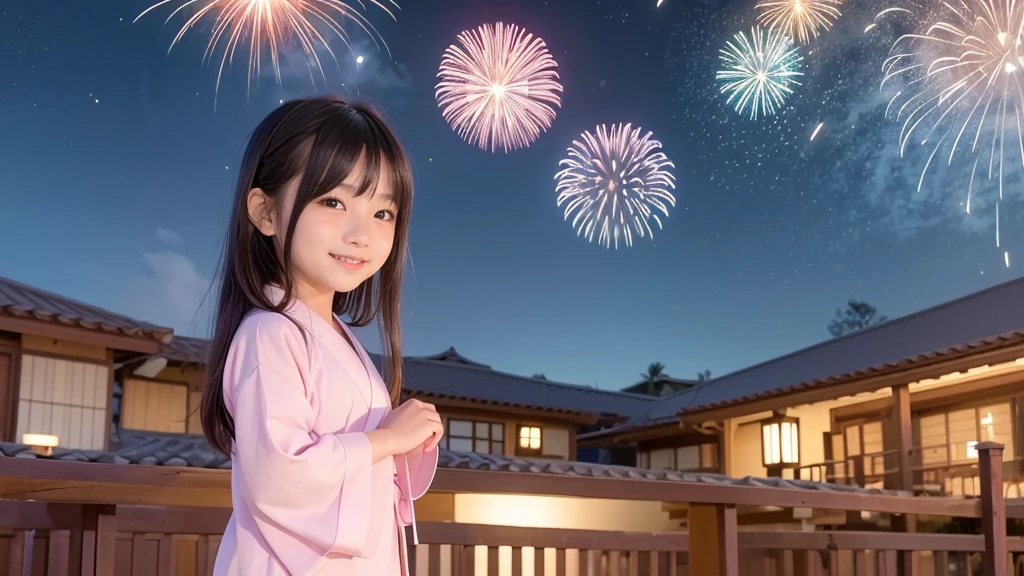 very cute、11 years old、girl、Long Straight Hair、Beautiful yukata、Night Sky、Countless fireworks、smile、