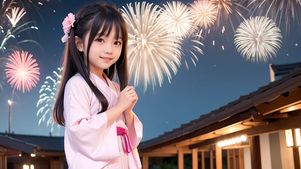very cute、、girl、Long Straight Hair、Beautiful yukata、Night Sky、Countless fireworks、smile、






















