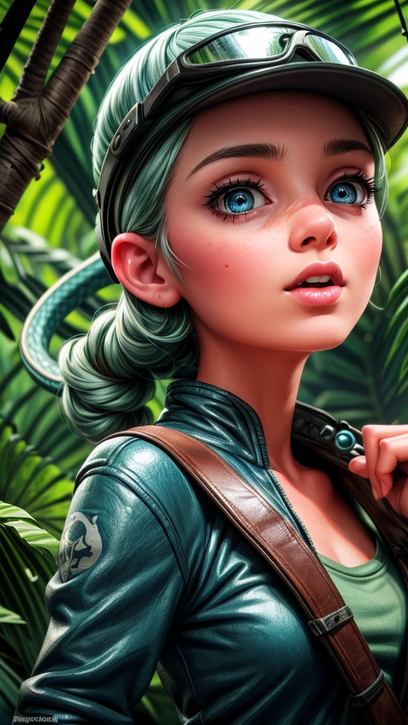 a beautiful young female explorer with silver hair and blue eyes, wearing a helmet and sunglasses, wielding a machete and exploring the jungle, dynamic pose, snake, venomous spider, (best quality,4k,8k,highres,masterpiece:1.2),ultra-detailed,(realistic,photorealistic,photo-realistic:1.37),detailed face, beautiful detailed eyes, beautiful detailed lips, extremely detailed eyes and face, long eyelashes, jungle exploration, dynamic action, highly detailed, photorealistic, vibrant colors, dramatic lighting