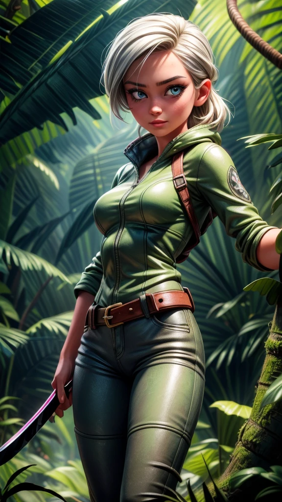 a beautiful young female explorer with silver hair and blue eyes, wearing a helmet and sunglasses, wielding a machete and exploring the jungle, dynamic pose, snake, venomous spider, (best quality,4k,8k,highres,masterpiece:1.2),ultra-detailed,(realistic,photorealistic,photo-realistic:1.37),detailed face, beautiful detailed eyes, beautiful detailed lips, extremely detailed eyes and face, long eyelashes, jungle exploration, dynamic action, highly detailed, photorealistic, vibrant colors, dramatic lighting